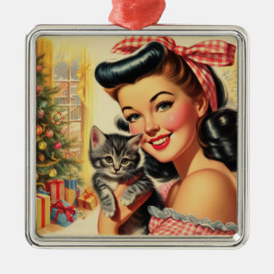 Cute Kitten Vintage Pin Up Metal Ornament