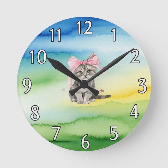 Cute Kitten Wall Clock with Pink Bow (Front)