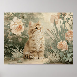 Cute Kitten Wallart Cottagecore Floral Cat Poster 