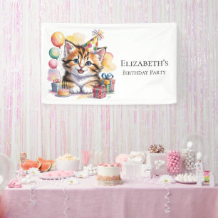 Cute Kitten Watercolor Birthday Party Welcome Banner