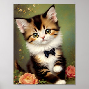 Cute Kitten Wearing a Bow. Vintage Oil Painting.  Poster