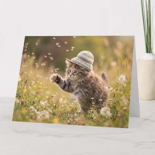 Cute Kitten Wearing a Hat Playing with Dandelions Card (Front)