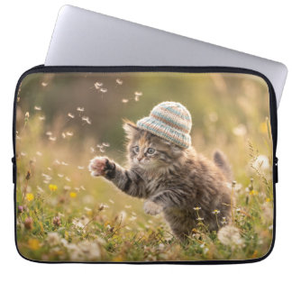 Cute Kitten Wearing a Hat Playing with Dandelions Laptop Sleeve