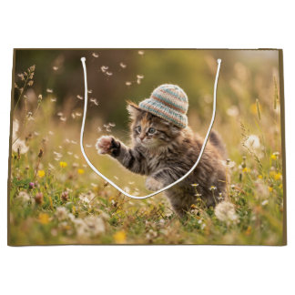Cute Kitten Wearing a Hat Playing with Dandelions Large Gift Bag