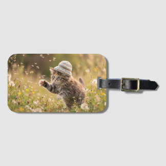 Cute Kitten Wearing a Hat Playing with Dandelions Luggage Tag