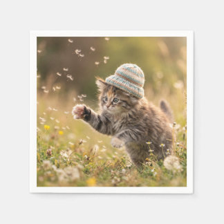 Cute Kitten Wearing a Hat Playing with Dandelions Napkin