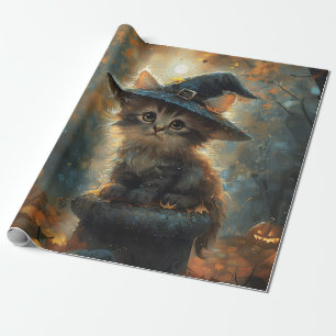 Cute Kitten Wearing a Witch Hat Decoupage Wrapping Paper