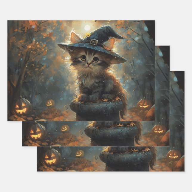 Cute Kitten Wearing a Witch Hat Decoupage Wrapping Paper Sheet (Set)
