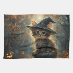 Cute Kitten Wearing a Witch Hat Kitchen Towel