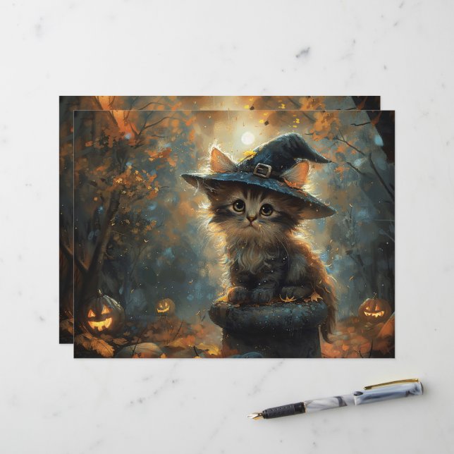 Cute Kitten Wearing a Witch Hat Scrapbook Paper (Front/Back In Situ)