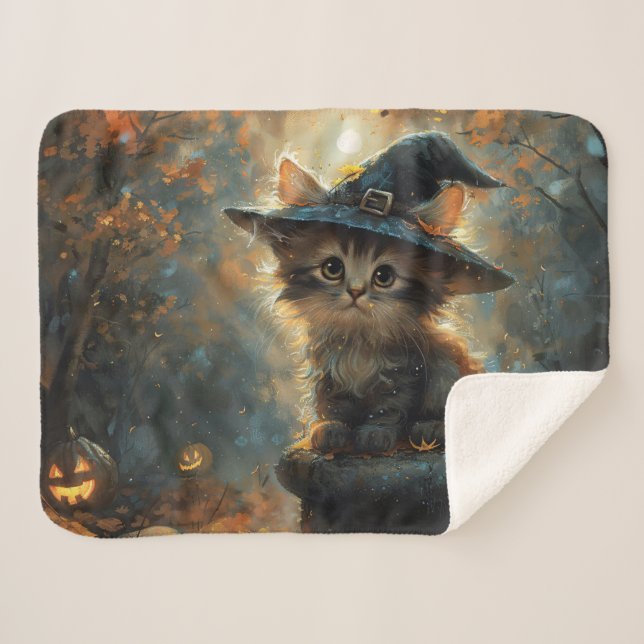 Cute Kitten Wearing a Witch Hat Sherpa Blanket (Front (Horizontal))