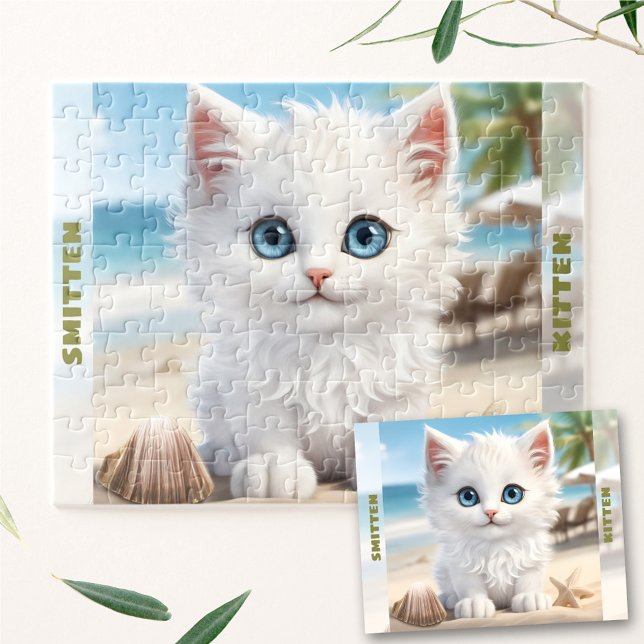 Cute Kitten White Cat Beach Summer Custom Name Jigsaw Puzzle (Cute Kitten White Cat Beach Summer Custom Name Jigsaw Puzzle)