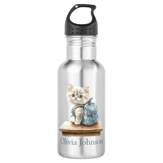 Cute Kitten with Backpack Personalized 532 Ml Water Bottle (Front)