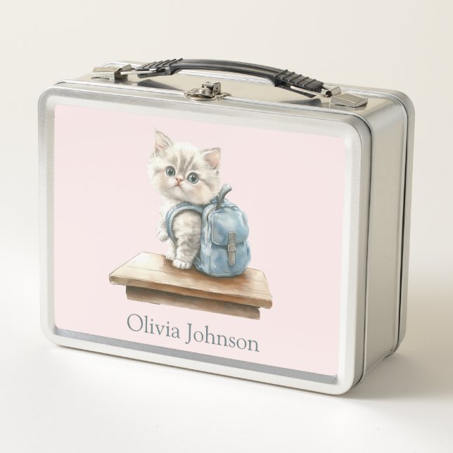 Cute Kitten with Backpack Personalized Metal Lunch Box (Front)