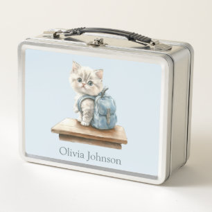 Cute Kitten with Backpack Personalized Metal Lunch Box