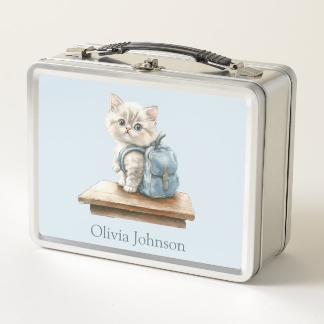 Cute Kitten with Backpack Personalized Metal Lunch Box (Front)