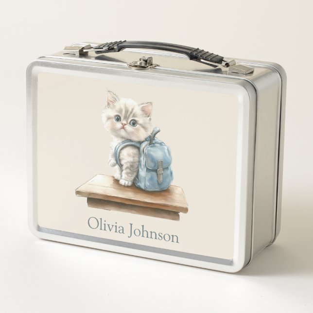 Cute Kitten with Backpack Personalized Metal Lunch Box (Front)