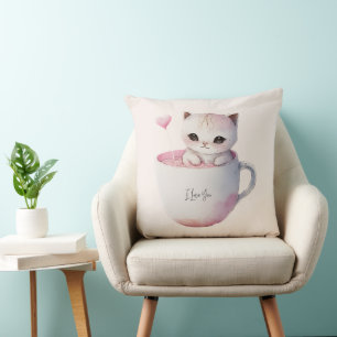 Cute Kitten with Balloon Heart Throw Pillow