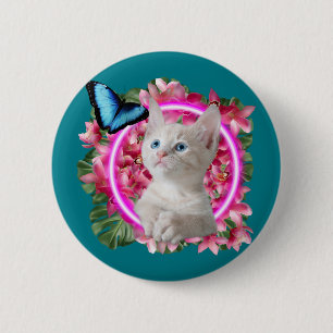 Cute Kitten with blue butterfly on neon tropical 2 Inch Round Button