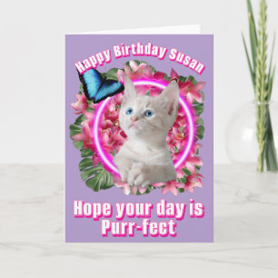  Cute Kitten with blue butterfly on neon tropical Card