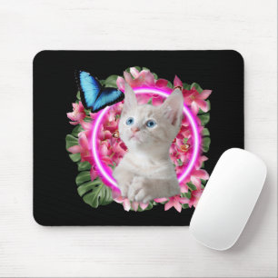 Cute Kitten with blue butterfly on neon tropical Mouse Pad
