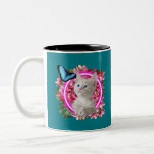 Cute Kitten with blue butterfly on neon tropical Two-Tone Coffee Mug