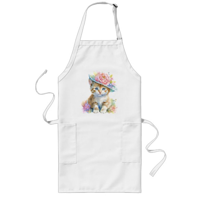 Cute Kitten with Flower Hat  Long Apron (Front)