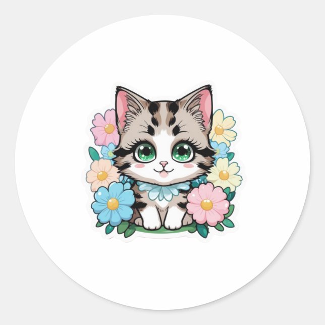 Cute Kitten with Flowers Sticker (Front)