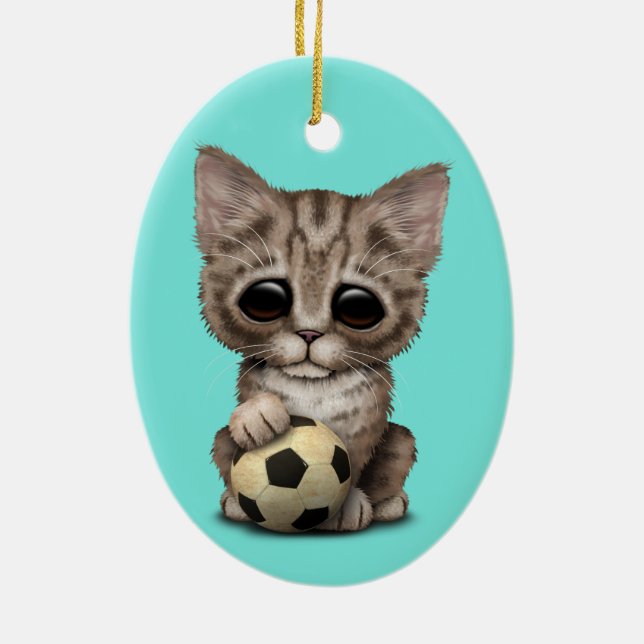 Cute Kitten With Football Soccer Ball Ceramic Ornament (Back)