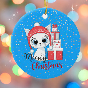 Cute Kitten with Gifts Meowy Christmas Ceramic Ornament