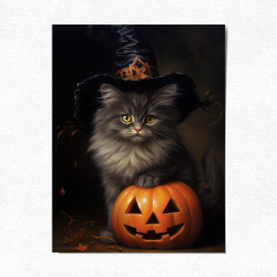 Cute Kitten with Pumpkin, Victorian Halloween Holiday Postcard