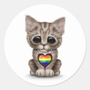 Cute Kitten with Rainbow Gay Pride Heart, white Classic Round Sticker