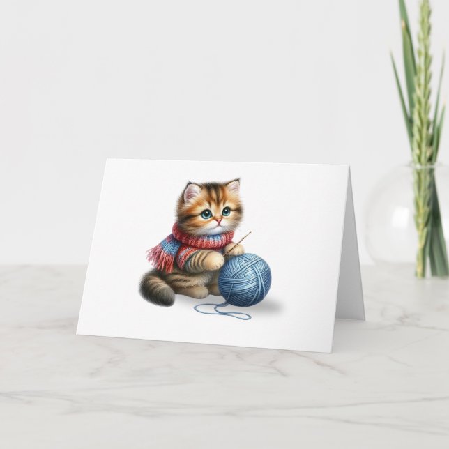 Cute Kitten with Scarf & Blue Yarn Blank Greeting Card (Front)
