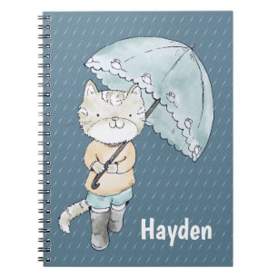 Cute Kitten with Umbrella in Rain Art Personalized Notebook