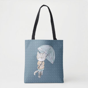 Cute Kitten with Umbrella in Rain illustration Tote Bag