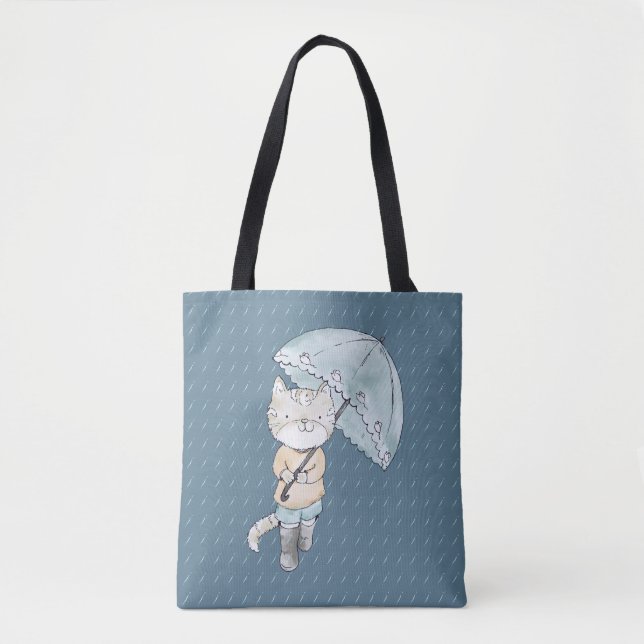 Cute Kitten with Umbrella in Rain illustration Tote Bag (Front)