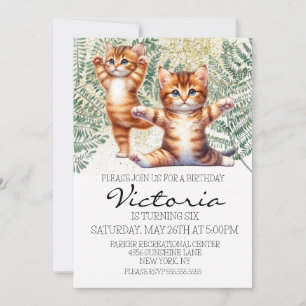 Cute Kitten Yoga Greenery Birthday Party Invitation