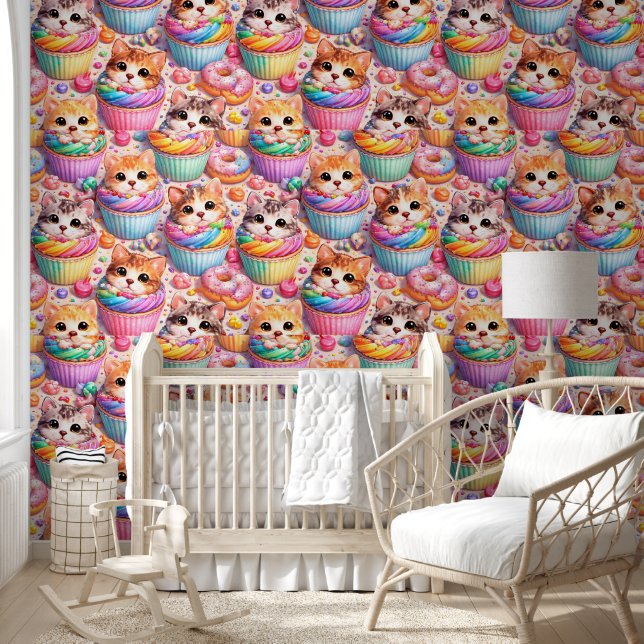 Cute kittens and cupcake pattern rainbow sweet tre wallpaper (Kids)