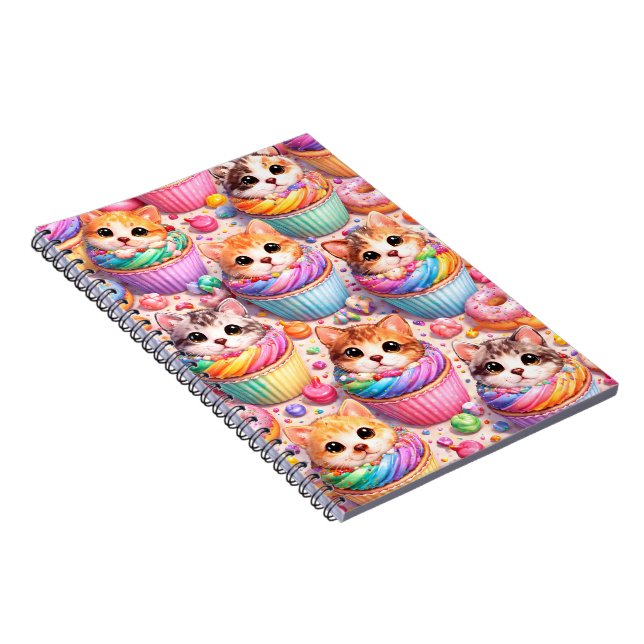 Cute kittens and cupcake spiral notebook, rainbow  notebook (Right Side)