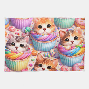 Cute kittens and cupcakes, kitchen towel, rainbow towel