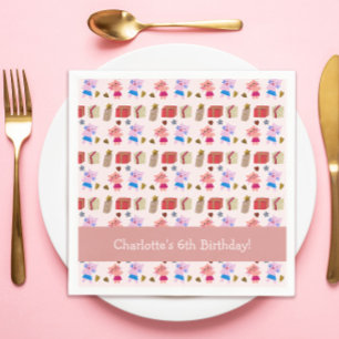 Cute Kittens and Gifts Pattern Pink Kids Birthday Napkin