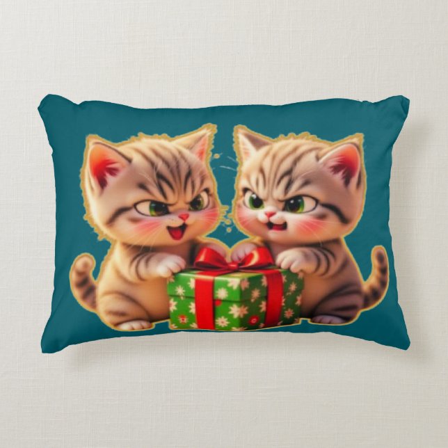 **Cute Kittens Fighting Over a Gift – Funny Christ Accent Pillow (Front)