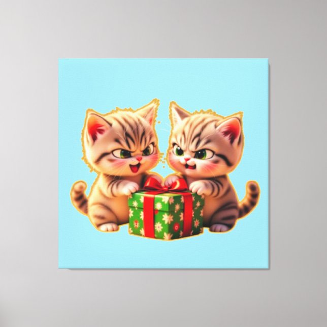**Cute Kittens Fighting Over a Gift – Funny Christ Canvas Print (Front)