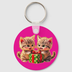 **Cute Kittens Fighting Over a Gift – Funny Christ Keychain
