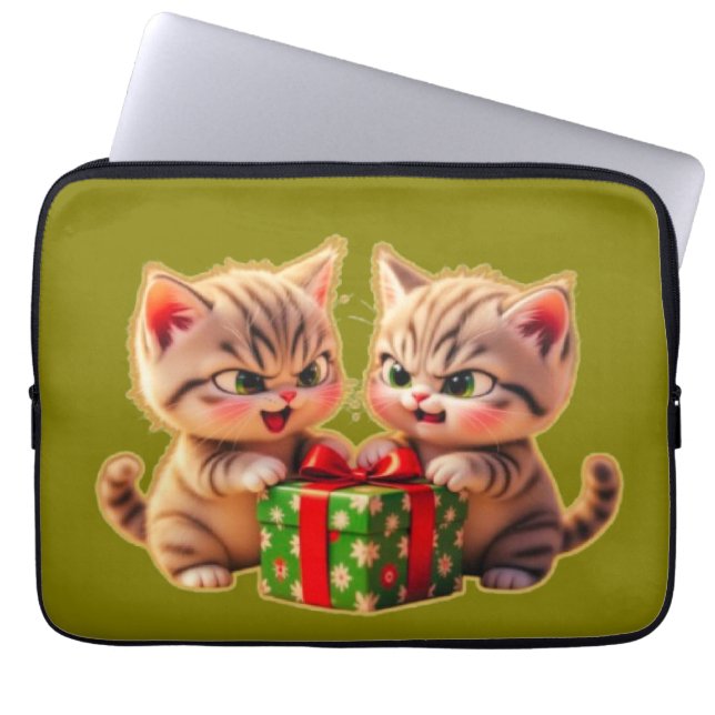 **Cute Kittens Fighting Over a Gift – Funny Christ Laptop Sleeve (Front)