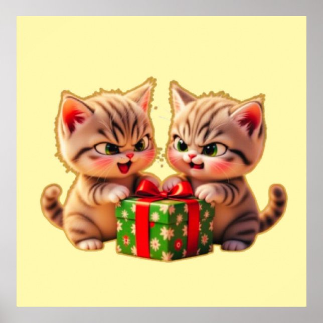 **Cute Kittens Fighting Over a Gift – Funny Christ Poster (Front)