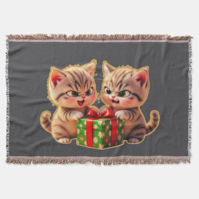 **Cute Kittens Fighting Over a Gift – Funny Christ Throw Blanket (Front)