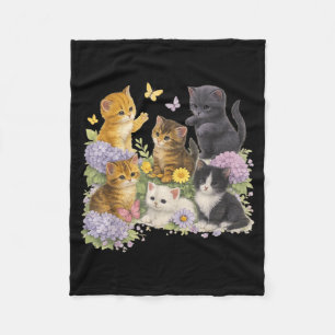 Cute Kittens Floral Garden Butterfly Cottagecore Fleece Blanket