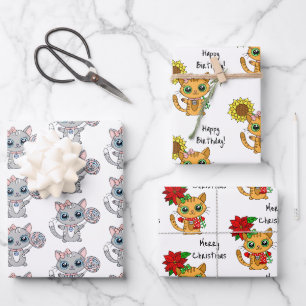 Cute Kittens holding Flower Birthday and Christmas Wrapping Paper Sheet