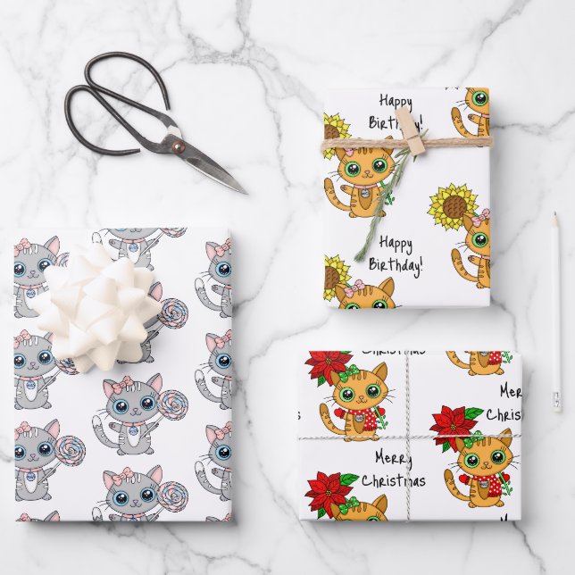 Cute Kittens holding Flower Birthday and Christmas Wrapping Paper Sheet (Front)